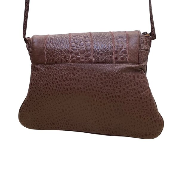 Brown Faux Crocodile Leather Unique Fold-Over Crossbody Bag - Picture 3 of 9